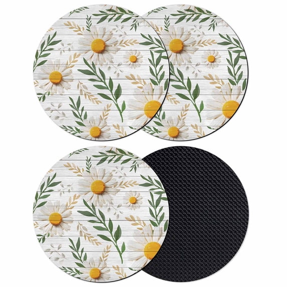 Spring Daisy Coasters Set of 4, Absorbent Coasters for Drinks, Farmhouse Country Flower Leaf Plant Wood Grain Coaster for Desk Coffee Table Protection, Home Decor House Warming Gifts 4"