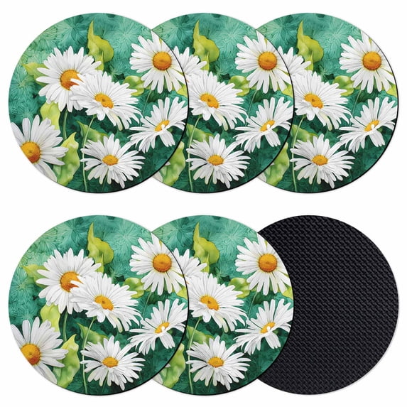 Spring Daisy Coasters Set of 6, Absorbent Coasters for Drinks, Flowers Country Leaves Watercolor Plants Coaster for Desk Coffee Table Protection, Home Decor House Warming Gifts 4"