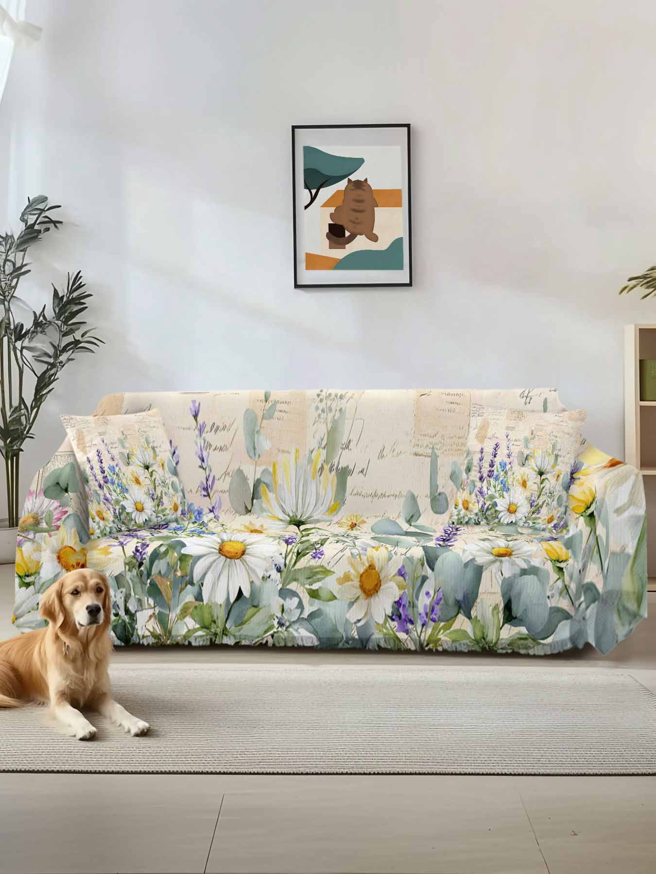 Spring Daisy Couch Cover for 2 Cushion Sofa, Elegant Pastoral Flowers ...