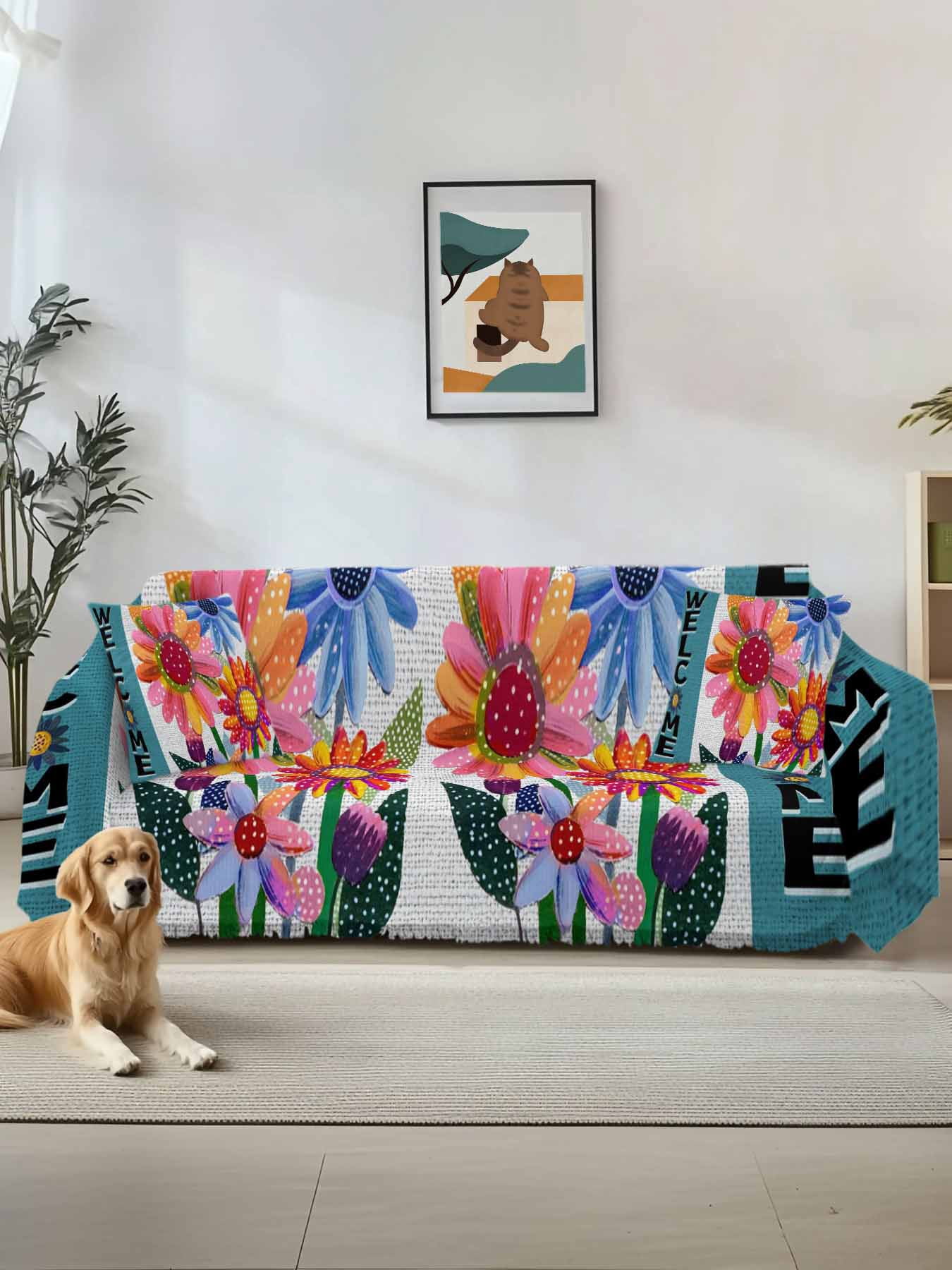 Spring Daisy Couch Cover for 2 Cushion Sofa, Turquoise Modern Abstract ...