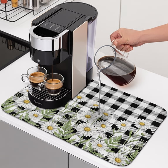 Spring Daisy Dish Drying Mats for Kitchen Counter, Rustic Wildflower Black Plaid Botanical Farmhouse Absorbent Coffee Bar Mat with Non-slip Rubber Backed Quick Drying Dish Rack Pad 12"x16"