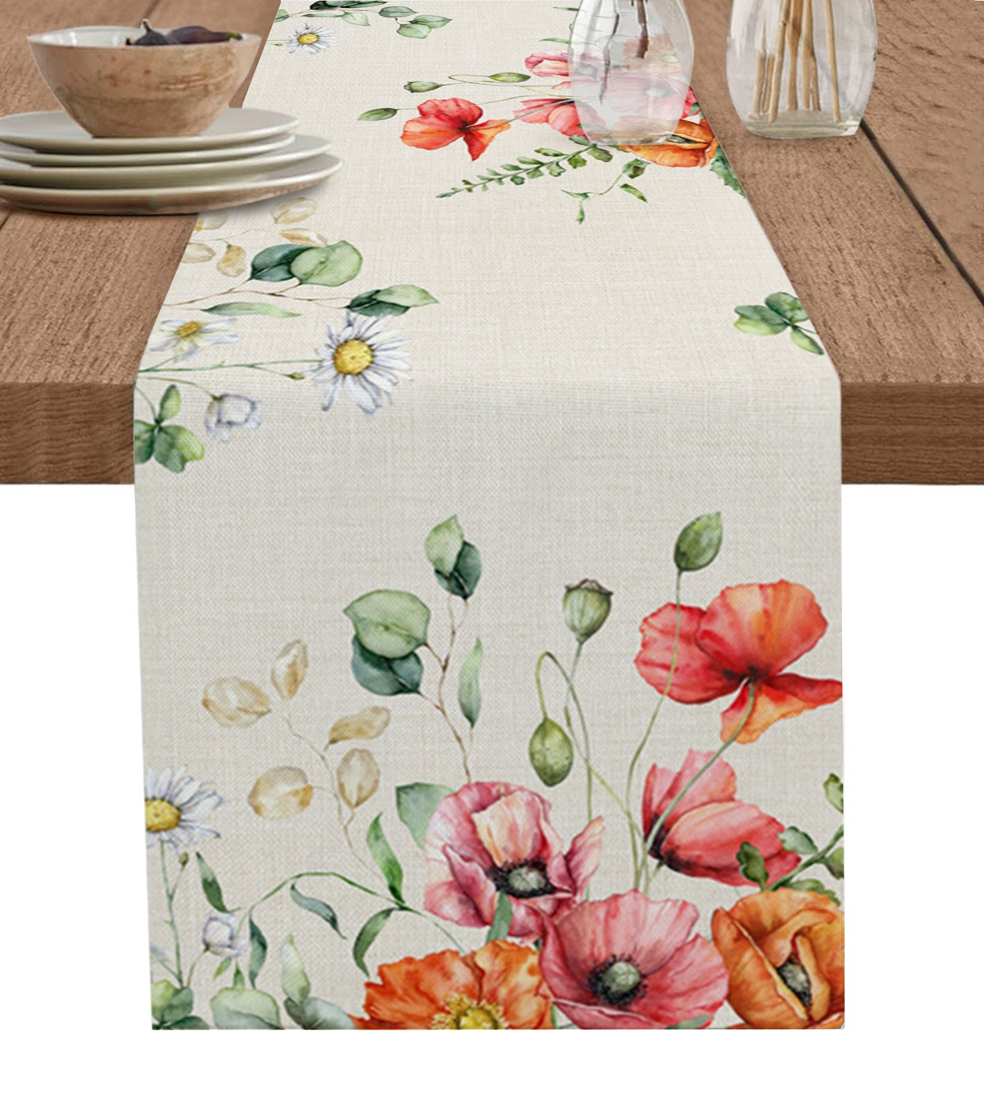 Spring Daisy Eucalyptus Poppy Flower Linen Table Runner Holiday Party