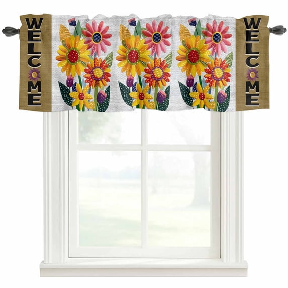 Spring Daisy Farmhouse Short Window Curtain Valances, Brown Modern Abstract Art Dots Floral Rod Pocket Kitchen Valances for Living Room Bedroom Bathroom Cafe 60" x 18"