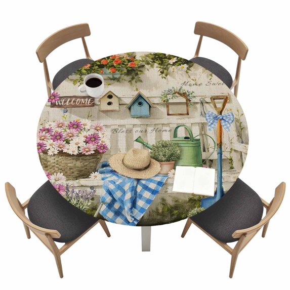 Spring Daisy Fitted Tablecloth with Elastic Edged, Round Table Cloth for Dining Table, Flowers Farmhouse Leaves Floral Pots Country Retro Waterproof Oil Proof Table Cover for Indoor Outdoor 55"-60"