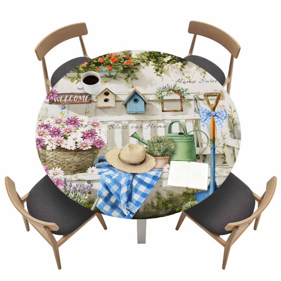 Spring Daisy Fitted Tablecloth with Elastic Edged, Round Table Cloth for Dining Table, Flowers Farmhouse Leaves Floral Pots Countryside Waterproof Oil Proof Table Cover for Indoor Outdoor 45"-54"