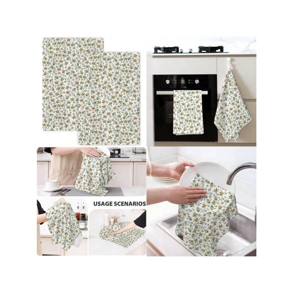 Spring Daisy Floral Dish Cloths 16x24 Inch Set Of 2 Sage Green Beige Vintage Pattern Polyester Kitchen Towels Block Print Washable Hand Towels