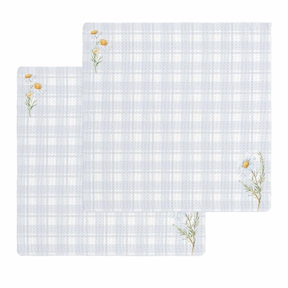 Spring Daisy Floral Kitchen Dish Towels for Drying Dishes Set of 2, Yellow Plaid Summer Botanical Waffle Weave Microfiber Hand Tea Bathroom Towels Quick Dry & Absorbent Towel 12x12