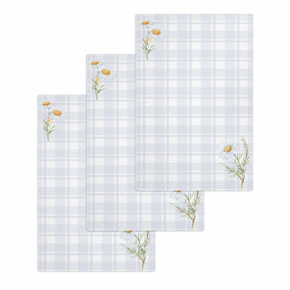 Spring Daisy Floral Kitchen Dish Towels for Drying Dishes Set of 3, Yellow Plaid Summer Botanical Waffle Weave Microfiber Hand Tea Bathroom Towels Quick Dry & Absorbent Towel 15.7x23.6
