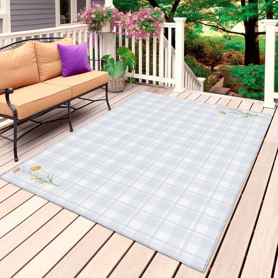 Spring Daisy Floral Outdoor Rug 4x6 Ft, Non Slip Washable Area Rug, Yellow Plaid Summer Botanical Patio Rugs Carpet Runner, Large Floor Mat for Indoor/Outdoor Deck Porch Camping