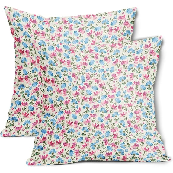 Spring Daisy Floral Pillow Covers 18X18 Inch Pale Pink Blue Vintage Flowers Decorative Pillow Cases Set of 2 Block Print Cotton Linen Throw Pillows Farmhouse Decor For Sofa Couch Cushion Outdoor