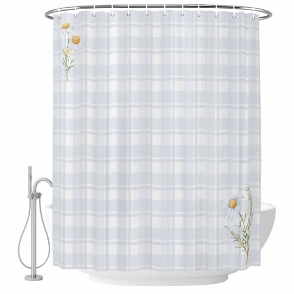 Spring Daisy Floral Shower Curtain, Waterproof Shower Curtains for Bathroom, Yellow Plaid Summer Botanical Washable Fabric Bathtub Curtain Set Bath Decor with 12 Hooks Long 72"x84"