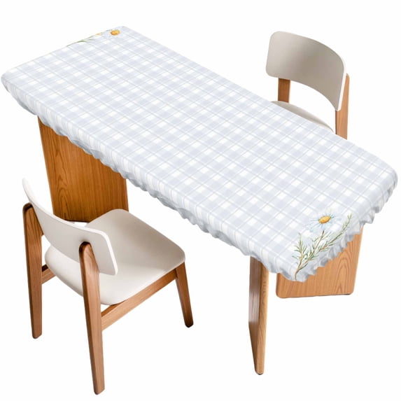 Spring Daisy Floral Table Cloths for 8 Foot Rectangle Tables, Yellow Plaid Summer Botanical Patio Waterproof Elastic Fitted Tablecloths, Washable Rectangular Table Cover for Camping