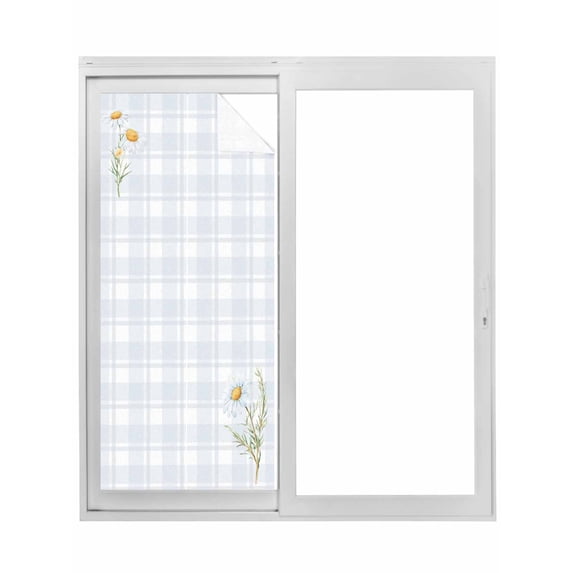 Spring Daisy Floral Window Privacy Film, Yellow Plaid Summer Botanical Static Cling UV Sun Blocking Tint Film Heat Control Windows Films for Bedroom Bathroom, Window Stickers 35.4"x78.7"