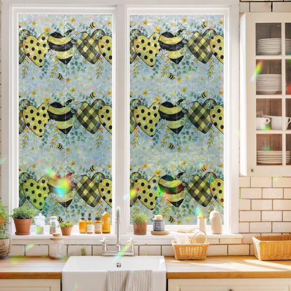 Spring Daisy Flower Bee Window Privacy Film,Decorative Windows Static Cling Farmhouses Leaf Yellow Heon Linen Heat Control Removable Glass Sticker for Home Bathroom Bedroom Window Door,17.7x39.3in