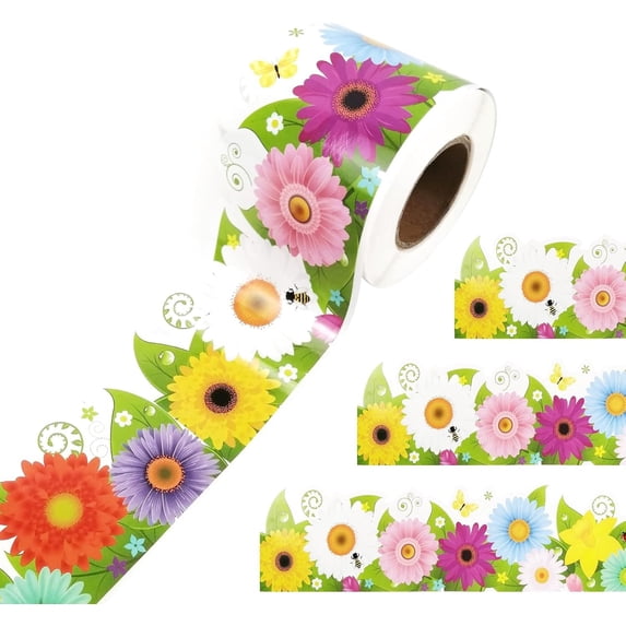 Spring Daisy Flower Bulletin Board Borders, 3in x 59ft Floral Scalloped Trim for Classroom, School & Home Decor