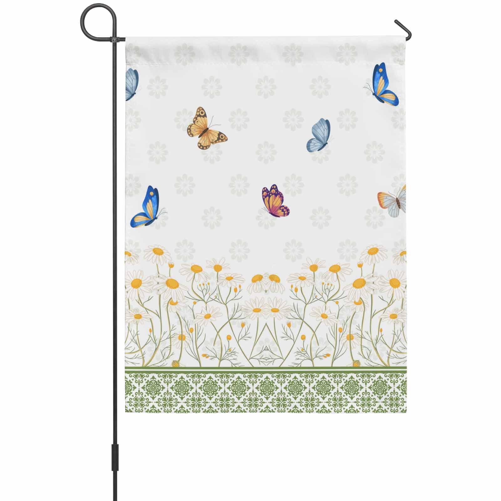Spring Daisy Flower House Flag 28 x 40 Inches, Blue Butterflies Green Floral Plaid Weather Proof Outdoor Patio Flags Double Sided Small House Decoration for Yard Lawn Outside Home
