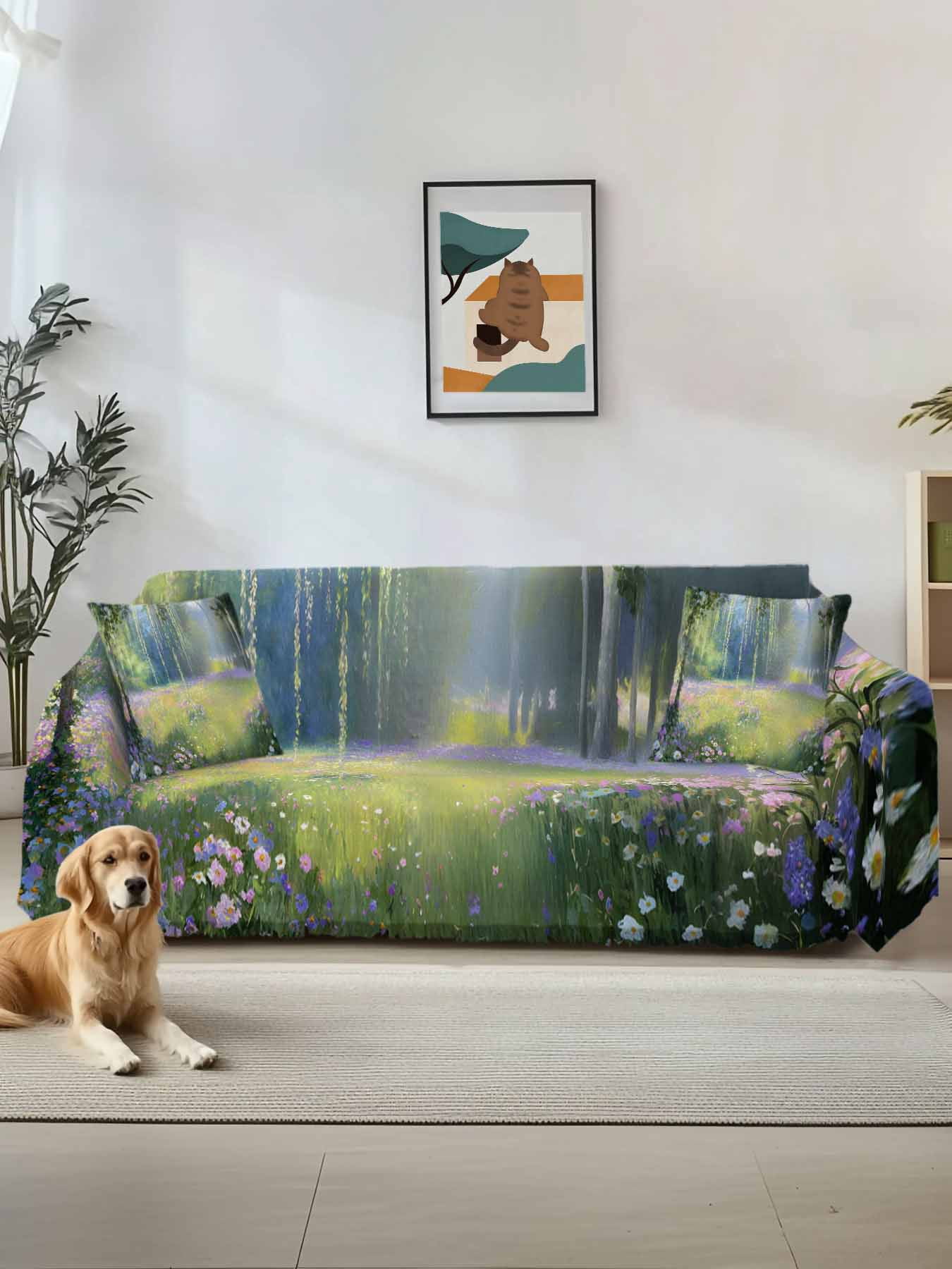Spring Daisy Flowers Couch Cover for 2 Cushion Sofa, Green Tree Leaves ...