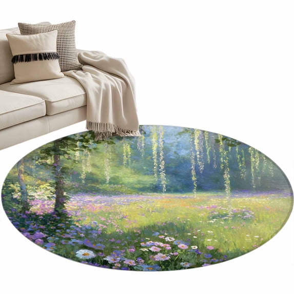 Spring Daisy Flowers Round Area Rugs Collection 4', Green Tree Leaves Forest Natural Scenery Non Slip Indoor Circular Throw Runner Rug Floor Mat Carpet for Living Room Dining Table Bedroom Nursery