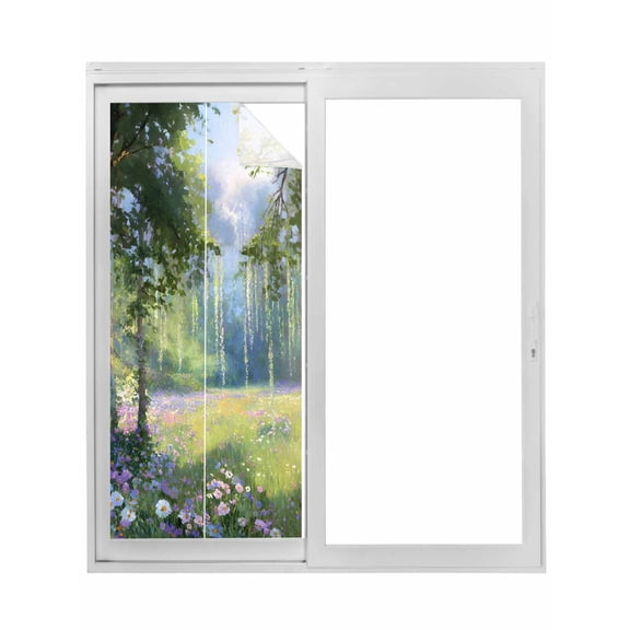 Spring Daisy Flowers Window Privacy Film, Green Tree Leaves Forest Natural Scenery Static Cling UV Sun Blocking Tint Film Heat Control Windows Films for Bedroom Bathroom, Window Stickers 17.7"x39.3"