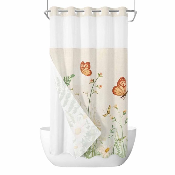 Spring Daisy No Hooks Shower Curtain with Snap-in Liner Watercolor White Daisy Floral Leaf Butterfly Linen Texture Shower Curtains for Bathroom, Waterproof, Easy Install, Washable 36"x72"