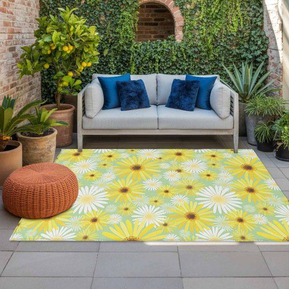 Spring Daisy Indoor Outdoor Rugs 3x5 Ft, Watercolor White Yellow Flowers Fields Green Outdoor Patio Rugs Mat Washable Outside Area Rugs Carpet for Porch Deck RV Camping Pool Balcony Backyard