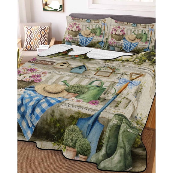 Spring Daisy King Size Down Alternative Comforter,Lightweight Comforter Quilt Bedding Set with Pillow Shams Flowers Farmhouse Leaves Floral Pots Country Retro Bed Comforter Duvet Insert 96"x106"