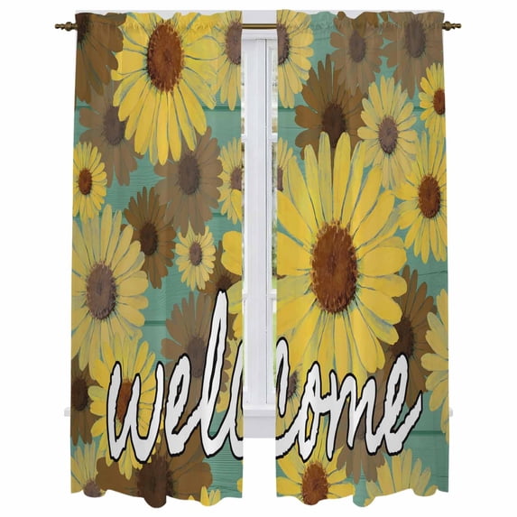 Spring Daisy Kitchen Curtain for Berdoom Living Room Cafe 72 Inch Length, Green Rustic Botanical Brown Yellow Florals Tiers Curtains Light Filtering Drapes Window Treatment 2 Panels 52"Wx72"L