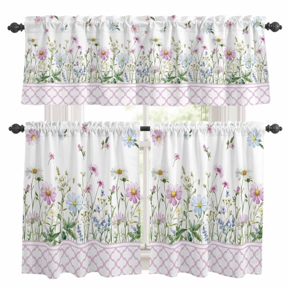 Spring Daisy Kitchen Curtains Sets for Windows 24 Inch Length, Pink Moroccan White Wildflowers Country Plants Rod Pocket Window Treatments Tier Curtains and Valances Set for Bedroom/Bathroom