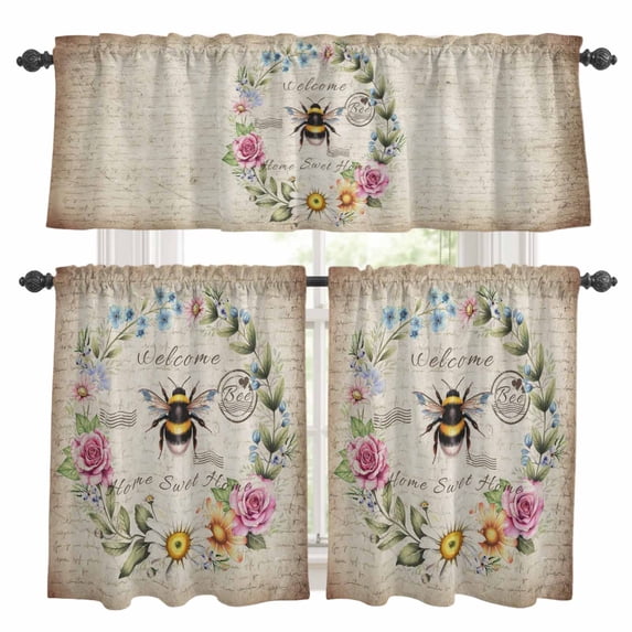Spring Daisy Kitchen Curtains Sets for Windows 36 Inch Length, Pink Flowers Wreath Leaves Farmhouse Vintage Rod Pocket Window Treatments Tier Curtains and Valances Set for Bedroom/Bathroom