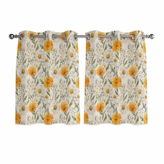 Spring Daisy Kitchen Curtains Window Panels, Country Vintage Yellow White Floral Leaf Insulated Window Treatment Curtain, Grommet Curtains for Bedroom/Living Room/Bathroom, 2 Piece 42"Wx45"L
