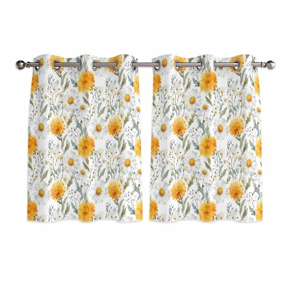 Spring Daisy Kitchen Curtains Window Panels, Country Watercolor Yellow White Floral Leaf Insulated Window Treatment Curtain, Grommet Curtains for Bedroom/Living Room/Bathroom, 2 Piece 42"Wx45"L