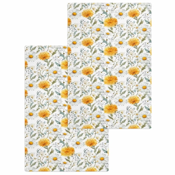 Spring Daisy Kitchen Dish Towels for Drying Dishes Set of 2, Country Watercolor Yellow White Floral Leaf Waffle Weave Microfiber Hand Tea Bathroom Towels Quick Dry & Absorbent Towel 15.7x23.6