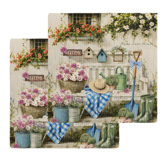 Spring Daisy Kitchen Dish Towels for Drying Dishes Set of 2, Flowers Farmhouse Leaves Floral Pots Country Retro Waffle Weave Microfiber Hand Tea Bathroom Towels Quick Dry & Absorbent Towel 12x12