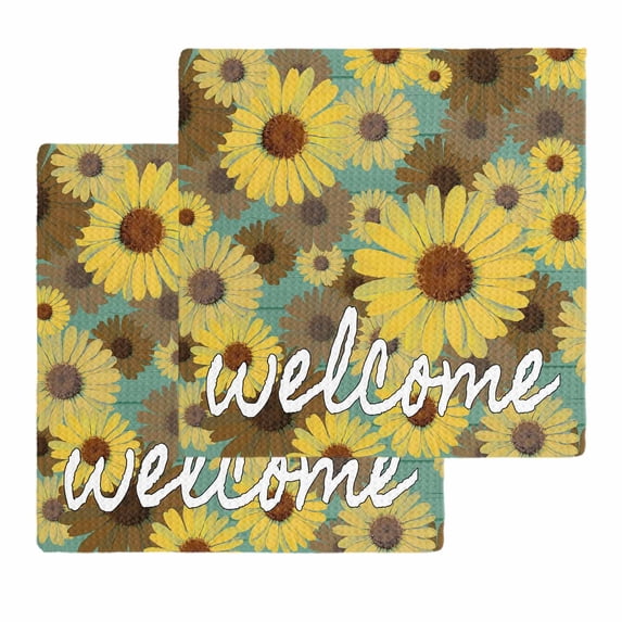 Spring Daisy Kitchen Dish Towels for Drying Dishes Set of 2, Green Rustic Botanical Brown Yellow Florals Waffle Weave Microfiber Hand Tea Bathroom Towels Quick Dry & Absorbent Towel 12x12