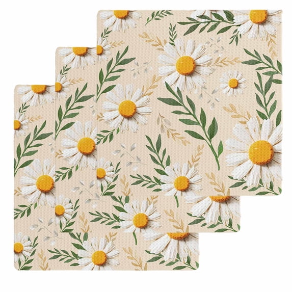 Spring Daisy Kitchen Dish Towels for Drying Dishes Set of 3, Country Watercolor Flower Leaf Plant Waffle Weave Microfiber Hand Tea Bathroom Towels Quick Dry & Absorbent Towel 12x12