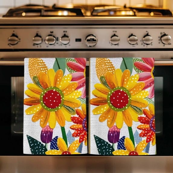 Spring Daisy Kitchen Towels Set of 2, Brown Modern Abstract Art Dots Floral Absorbent Dish Towels for Kitchen, Microfiber Hand Towel, Quick Drying Tea Towel for Cleaning Decorative Dishcloths