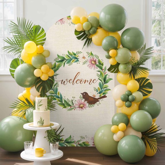 Spring Daisy Leaf Garland Arch Backdrop Cover, 4FT, Bird Welcome Farmhouses Spandex Arch Covers Double-Sided Backdrop for Wedding Birthday Party Photo Background Decoration