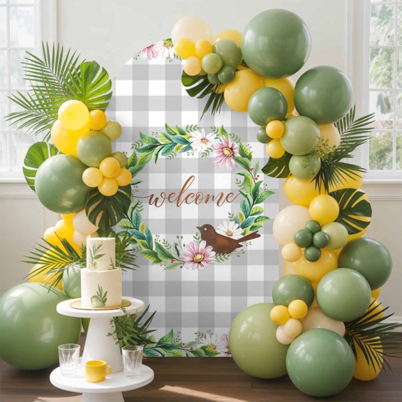 Spring Daisy Leaf Garland Arch Backdrop Cover, 4FT, Bird Welcome Light Grey Plaid Spandex Arch Covers Double-Sided Backdrop for Wedding Birthday Party Photo Background Decoration