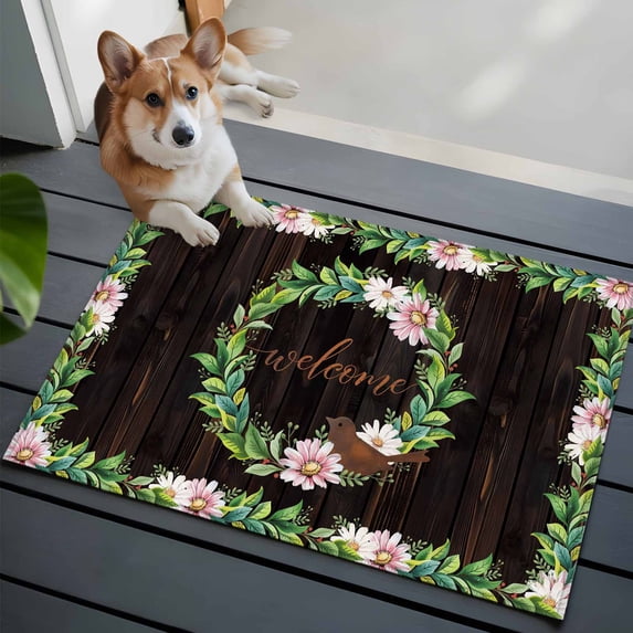 Spring Daisy Leaf Garland Front Door Rugs 2x3 ft Bird Welcome Brown Wood Grain Small Rug for Entryway Non Slip Washable Bathroom Door Mat Absorbent Floor Mat for Indoor Entrance