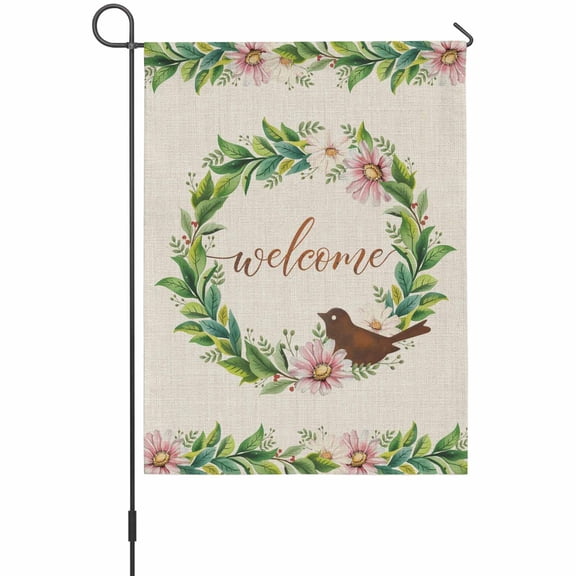 Spring Daisy Leaf Garland House Flag 28 x 40 Inches, Bird Welcome Farmhouses Weather Proof Outdoor Patio Flags Double Sided Small House Decoration for Yard Lawn Outside Home