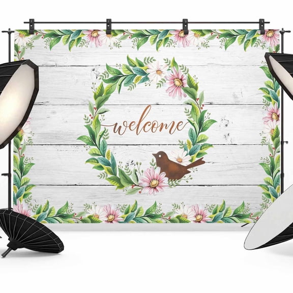 Spring Daisy Leaf Garland Photography Backdrop 7x5FT, Bird Welcome White Wood Grain Photo Backdrops, Background for Photography Studio Photo Studio Background, Back Drop for Photoshoot
