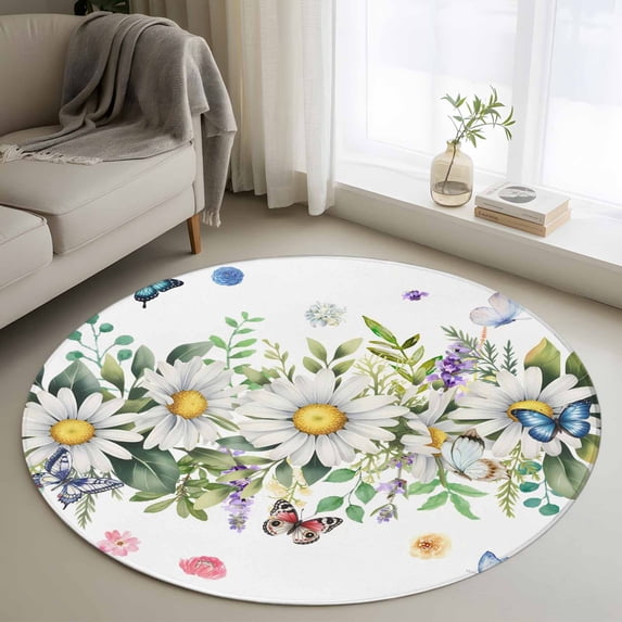 Spring Daisy Leaves Round Area Rug 3Ft Washable Small Circle Rugs for Kitchen Entryway, Farmhouse Watercolor Flowers Butterfly Non-Slip Carpet Floor Mats Indoor Outdoor Carpet Runner Home Decor