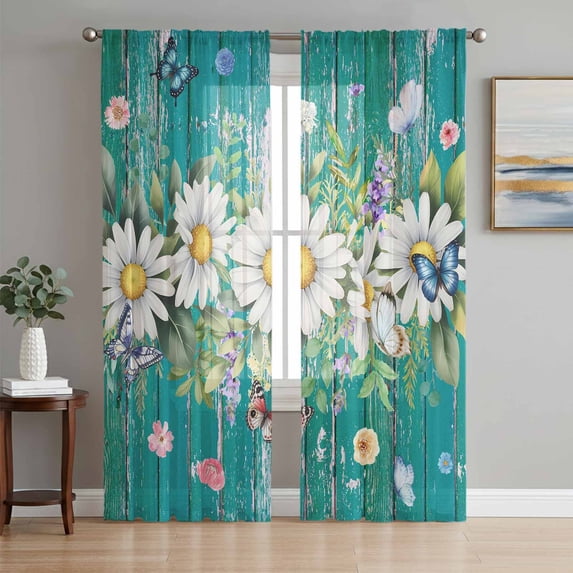 Spring Daisy Leaves Sheer Curtains 63 Inches Length 2 Panels Set, Window Sheer Curtains for Living Room/Bedroom, Vintage Watercolor Flowers Teal Wooden Light Filtering Rod Pocket Curtain 52''x63''x2