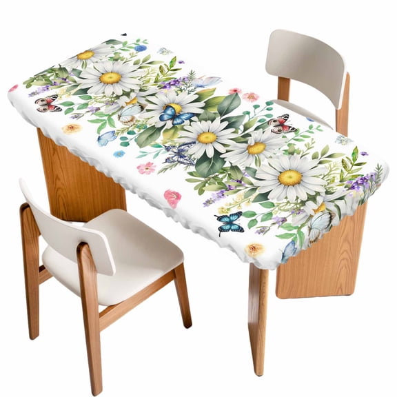 Spring Daisy Leaves Table Cloths for 3 Foot Rectangle Tables, Farmhouse Watercolor Flowers Butterfly Patio Waterproof Elastic Fitted Tablecloths, Washable Rectangular Table Cover for Camping