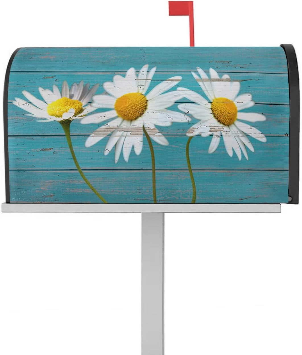 Spring Daisy Mailbox Cover Rustic Teal Old Wood Grain Daisy