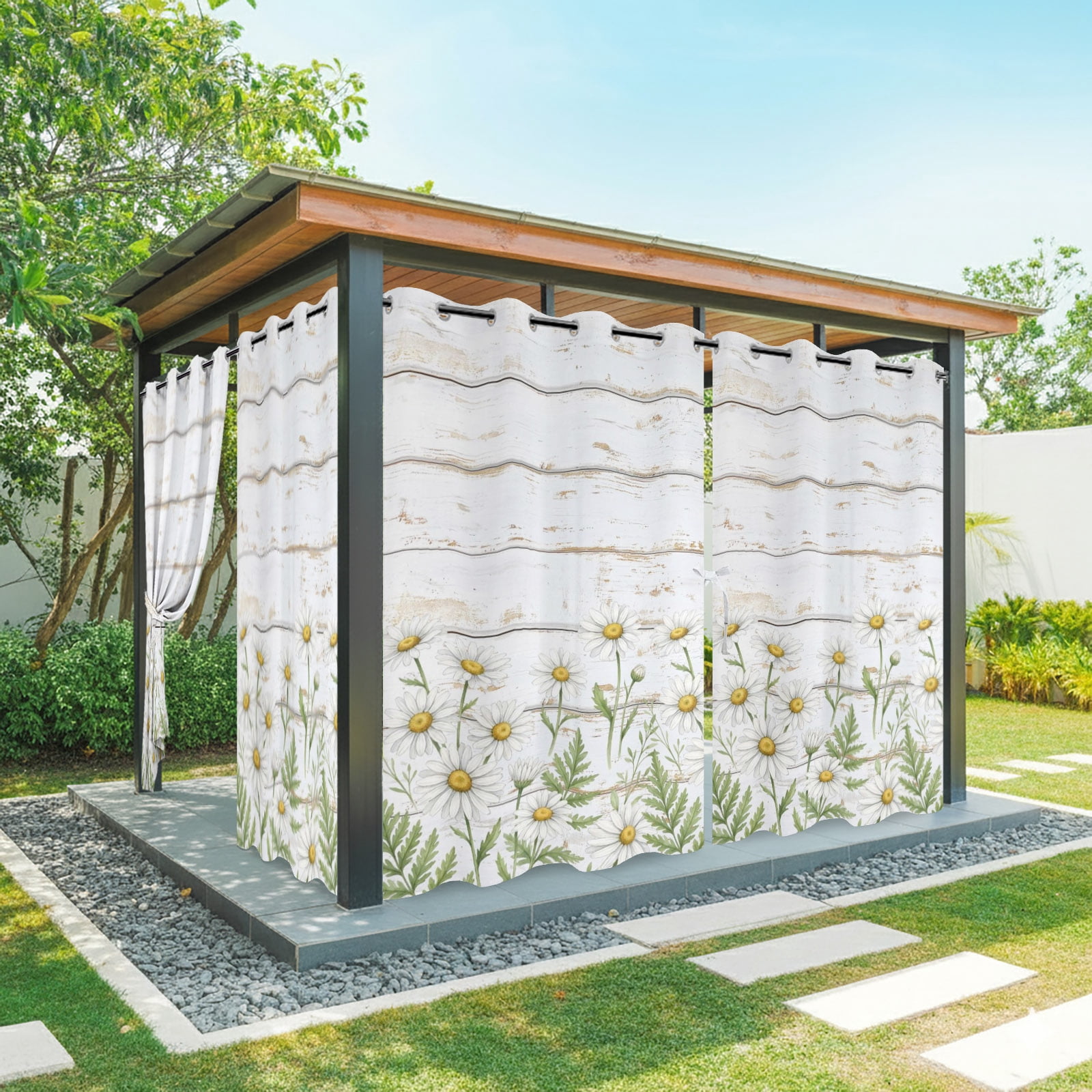 Spring Daisy Outdoor Curtains for Patio, Rustic Wildflower White Wood Striped Botanical Sunshade Privacy Drapes Grommet Waterproof Outside Curtains for Porch/Cabana/Balcony 54"x 108", 1 Panel