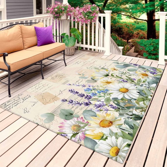 Spring Daisy Outdoor Rug 3x5 Ft, Non Slip Washable Area Rug, Elegant Pastoral Flowers Watercolor Patio Rugs Carpet Runner, Large Floor Mat for Indoor/Outdoor Deck Porch Camping