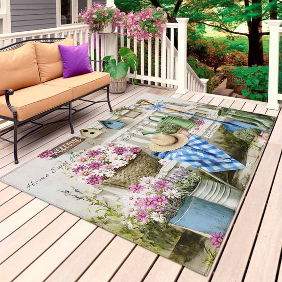 Spring Daisy Outdoor Rug 6x9 Ft, Non Slip Washable Area Rug, Flowers Farmhouse Leaves Floral Pots Countryside Patio Rugs Carpet Runner, Large Floor Mat for Indoor/Outdoor Deck Porch Camping