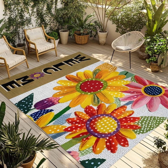 Spring Daisy Outdoor Rug 6x9 Ft - Reversible Patio Rug Outdoor Camping Rugs, Brown Modern Abstract Art Dots Floral Washable Indoor Outdoor Area Rugs, Non-Slip Outdoor Carpet Runner for Deck/Porch