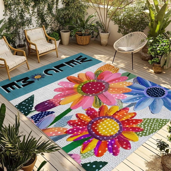 Spring Daisy Outdoor Rug 6x9 Ft - Reversible Patio Rug Outdoor Camping Rugs, Turquoise Modern Abstract Art Dots Floral Washable Indoor Outdoor Area Rugs, Non-Slip Outdoor Carpet Runner for Deck/Porch